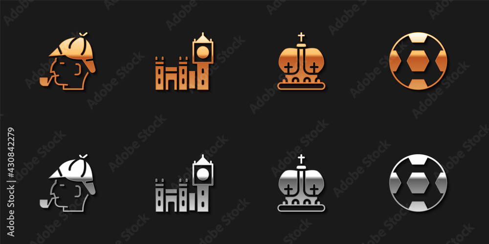 Wall mural set sherlock holmes, big ben tower, british crown and football ball icon. vector