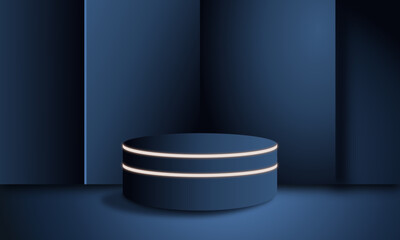 dark blue podium luxurious and gold lines, 3D rendering, 3D product display background. - obrazy, fototapety, plakaty