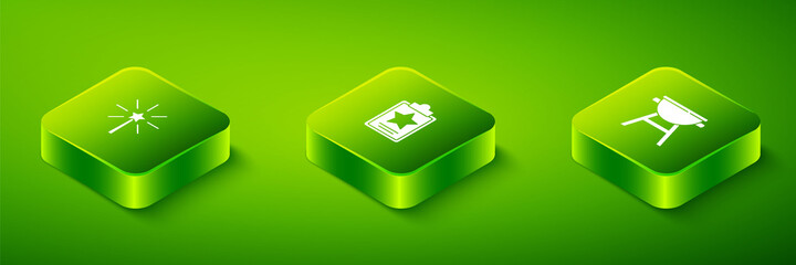 Set Isometric USA Independence day, Barbecue grill and Firework icon. Vector