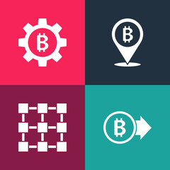 Set pop art Bitcoin, Blockchain technology, and Cryptocurrency icon. Vector