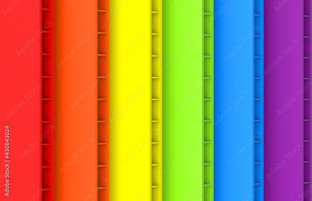 Poster 3d rendering. parallel lgbt vertical rainbow panel future board wall design background.