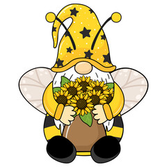 Cute gnome with a bouquet of sunflowers in a vase, vector illustration.