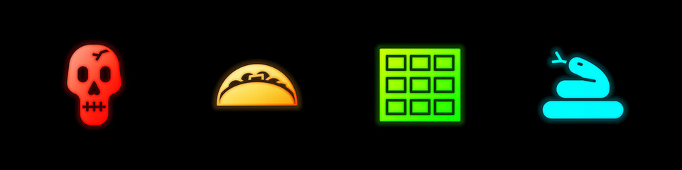 Set Skull, Taco with tortilla, Chocolate bar and Snake icon. Vector