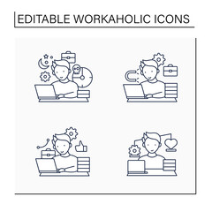 Workaholic line icons set. Workaholism prevention, consequences. Conduct rules. Overworking concept.Isolated vector illustrations.Editable stroke