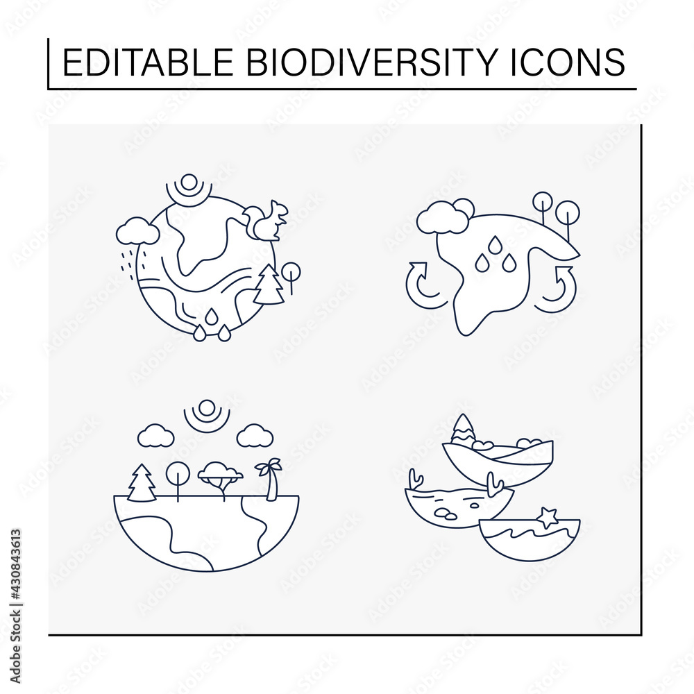 Poster biodiversity line icons set.reduce air pollution. fighting global warming. saving flora and fauna.sp