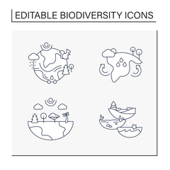 Biodiversity line icons set.Reduce air pollution. Fighting global warming. Saving flora and fauna.Species diversity ecosystem icons.Biodiversity concept.Isolated vector illustrations.Editable stroke