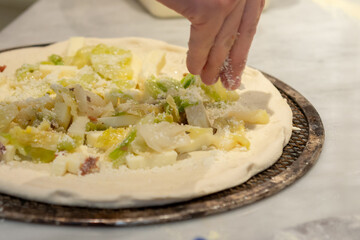 ピザ生地にチーズなどの具を乗せる　ピザの調理シーン