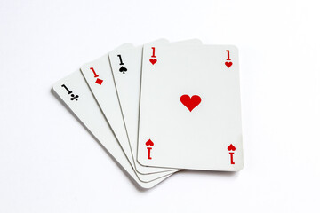 Four aces playing card game on white background