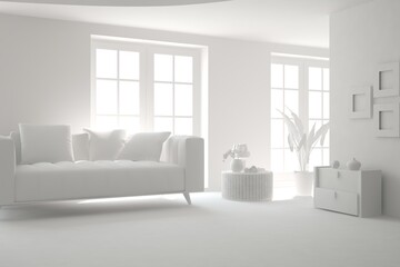 Mock up of minimalist living room in white color with sofa. Scandinavian interior design. 3D illustration