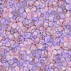 Watercolor and digital seamless background with purple, violet and pink lilac flowers.