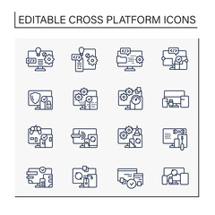 Cross platform line icons set. Programming environment. Platform for creating new operating systems. Synchronic between devices. Digitalization concept. Isolated vector illustration.Editable stroke