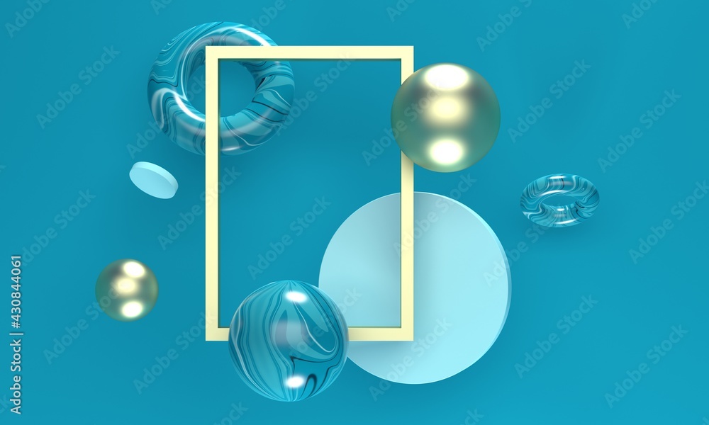 Poster rectangular frame with golden and marble flying shapes on blue background. 3d rendering