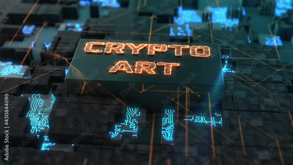 Poster abstract futuristic electronic circuit with a cpu and text crypto art, concept of non fungible token
