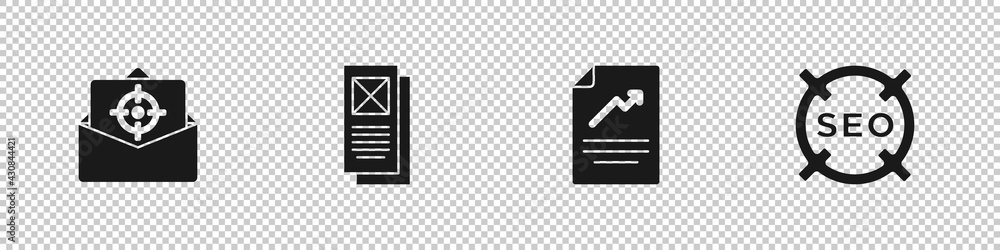 Poster set mail and e-mail, browser window, document with graph chart and seo optimization icon. vector
