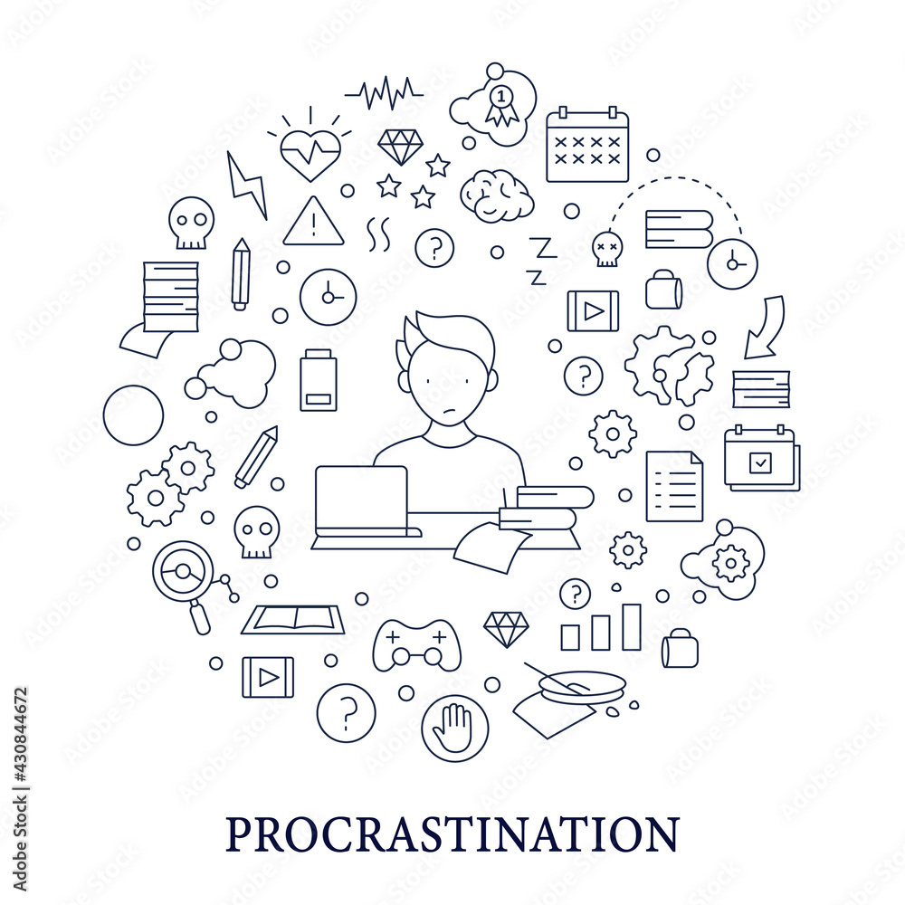 Aufkleber procrastination circle poster. postpone unpleasant tasks for later.delay. lazy person. overwhelmed c