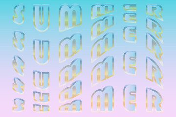 Vector background with wavy words SUMMER. Gold and pink-blue gradients.