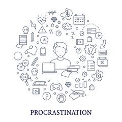 Procrastination circle poster. Postpone unpleasant tasks for later.Delay. Lazy person. Overwhelmed concept. Isolated vector template