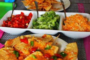 Close-up of a table set for a party, with nachos, a dish of taco toppings, a pink table cloth and napkins, place mats and paper plates.
