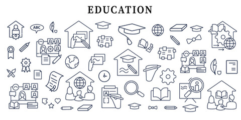 Education banner icon. Personal growth, professional development. Template for landing, web page, layout.Party, academic career and special uniform interface idea with icons