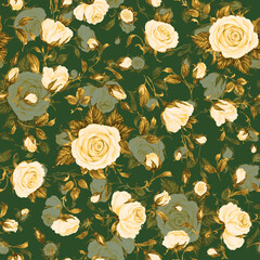  Seamless floral pattern drawn blooming roses with buds. Beautiful print for textile and design. Gold roses decoration for fabric and interior. 