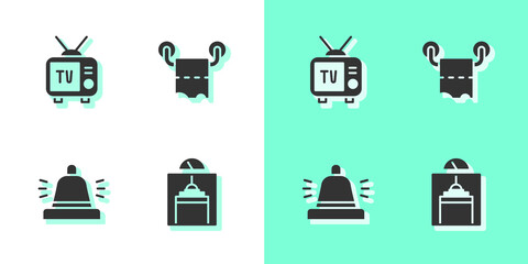 Set Lift, Retro tv, Hotel service bell and Toilet paper roll icon. Vector