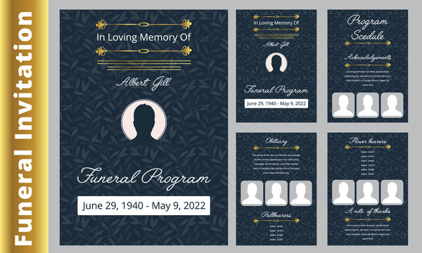 Floral memorial and funeral invitation card template design, cherry blossom and leaves, blue and brown tones. Botanical memorial and funeral invitation card template design, white lilies with black an