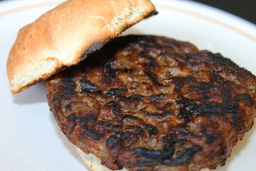 Close-up of a plain, undressed hamburger on a toasted hamburger bun.