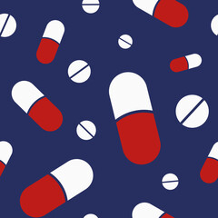 Vector seamless pattern with white pills, tablets, red and white capsules, isolated on dark blue background. Medical preparations. Color illustration.