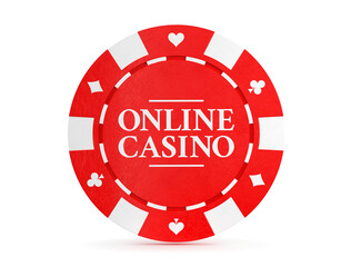 Red gambling chip isolated on white background. Casino token coin with playing cards poker symbols diamonds, spades, clubs and hearts. 3D illustration