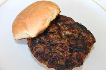 Close-up of a plain, undressed hamburger on a toasted hamburger bun.