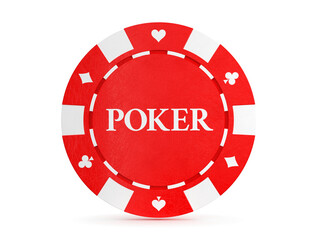 Red gambling chip isolated on white background. Casino token coin with playing cards poker symbols diamonds, spades, clubs and hearts. 3D illustration