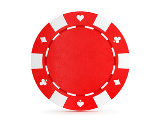 Red gambling chip isolated on white background. Casino token coin with playing cards poker symbols diamonds, spades, clubs and hearts. 3D illustration