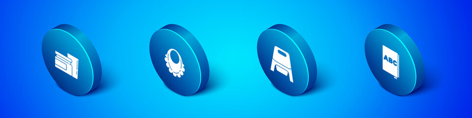 Set Isometric Baby food, potty, ABC book and bib icon. Vector
