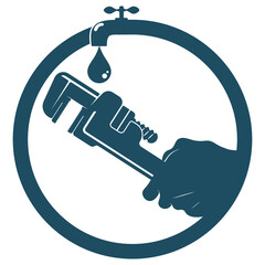 Water tap with water drop, wrench in hand plumbing repair symbol