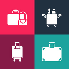 Set pop art Suitcase, , Trolley for food and icon. Vector