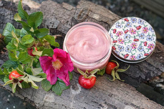  Pink face cream or body cream in packaging with wild rose flower and wild rose fruit on wooden background. Rose face cream. Rose hip cosmetics. Homemade face cream. 