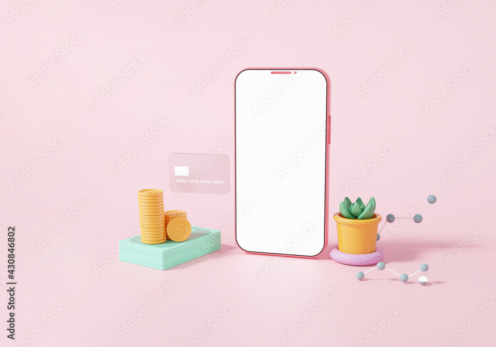 Poster online pay via credit card or debit concept. and smartphone white empty touchscreen blank front view