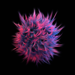 3D render, fluffy shaggy round with dyed hair in the colors of the 80s is isolated on black. Abstract visualization is something modern in the image of a speck of dust.