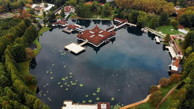 Aerial 4k drone video of the thermal lake Heviz in Hungary