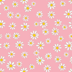 Random Placed Ditsy Daisy Seamless Pattern. Cute Vector Chamomile Flower different Sized All Over Print on Pink Background.