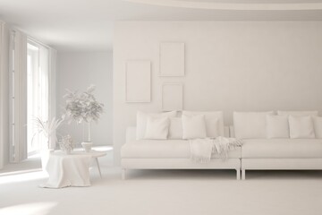 White minimalist living room with sofa. Scandinavian interior design. 3D illustration