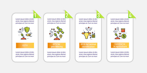 Obraz premium Smart farm vector infographics. Agricultural innovation template design elements. Presentation with 4 steps. Farming layout, info chart, banner