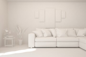White minimalist living room with sofa. Scandinavian interior design. 3D illustration
