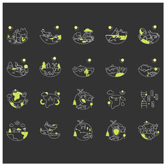 Biodiversity chalk icons set. Consists of desert, grassland, tundra, freshwater, rainforest, coral reef, ecosystem icons. Biodiversity concept. Isolated vector illustration on chalkboard