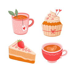 Hand drawn romantic drinks and food vector illustration set. Coffee mug, tea cup, cupcake, strawberry cake sweet desserts clipart