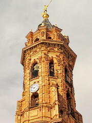 Detail of the exterior of the baroque tower of the St Sebastian church in Antequera, Malaga, Andalusia, Spain