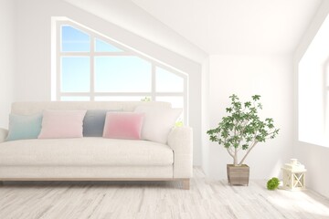 Soft color living room with sofa. Scandinavian interior design. 3D illustration