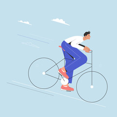 Eco friendly bike concpet. Male hipster riding bicycle. Vector flat cartoon illustration