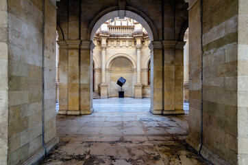 Heraklion, Crete Island, Greece - March 23, 2019: Venetian Loggia, interior view. Looking through the arches from the courtyard to the atrium. It houses the town hall of Heraklion city