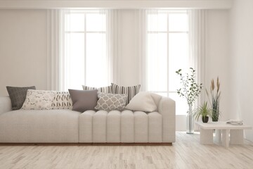 Soft color living room with sofa. Scandinavian interior design. 3D illustration
